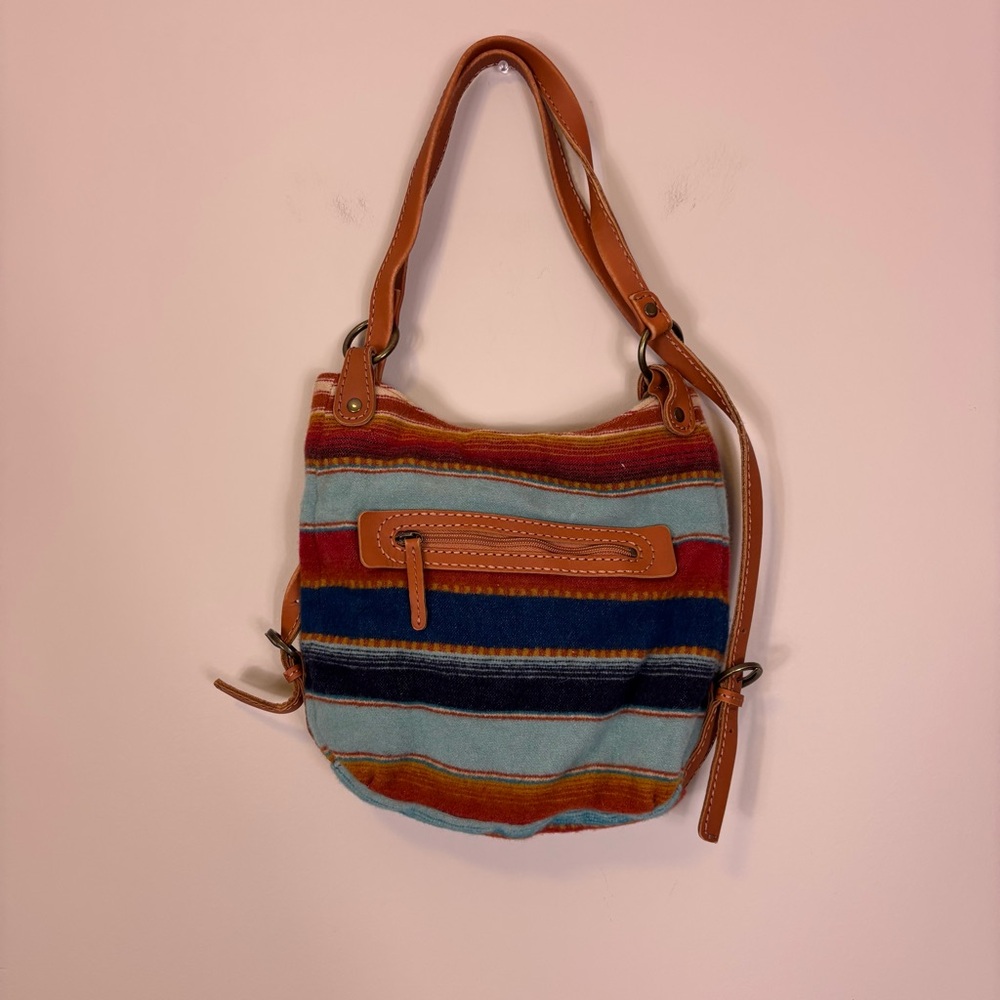 Pendleton Blue & Red Colorful Striped‎ Shoulder Wool & Leather Purse